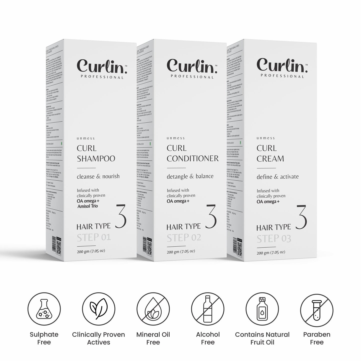 Curlin Professional Special Trial Kit for Salons - Shampoo + Conditioner + Cream - 200gm Each