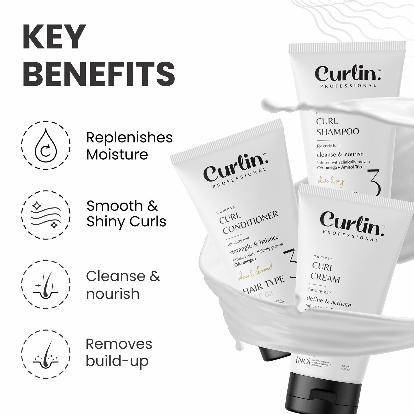 Curlin Professional Special Trial Kit for Salons - Shampoo + Conditioner + Cream - 200gm Each