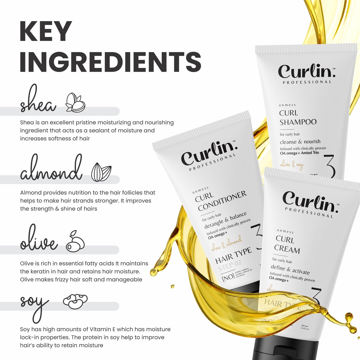 Curlin Professional Special Trial Kit for Salons - Shampoo + Conditioner + Cream - 200gm Each